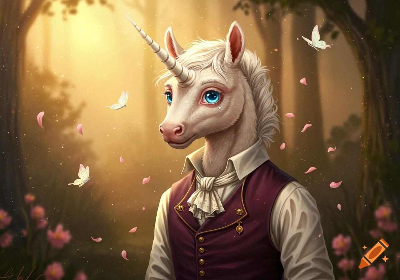 Anthropomorphic unicorn in a white ruffled shirt and purple vest in a magical forest with golden light, butterflies, and falling petals.