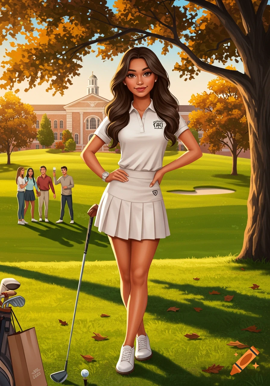 A cartoon illustration of a smiling woman in a white golf polo and skirt, holding a golf club on a sunny course with a college building in the background.