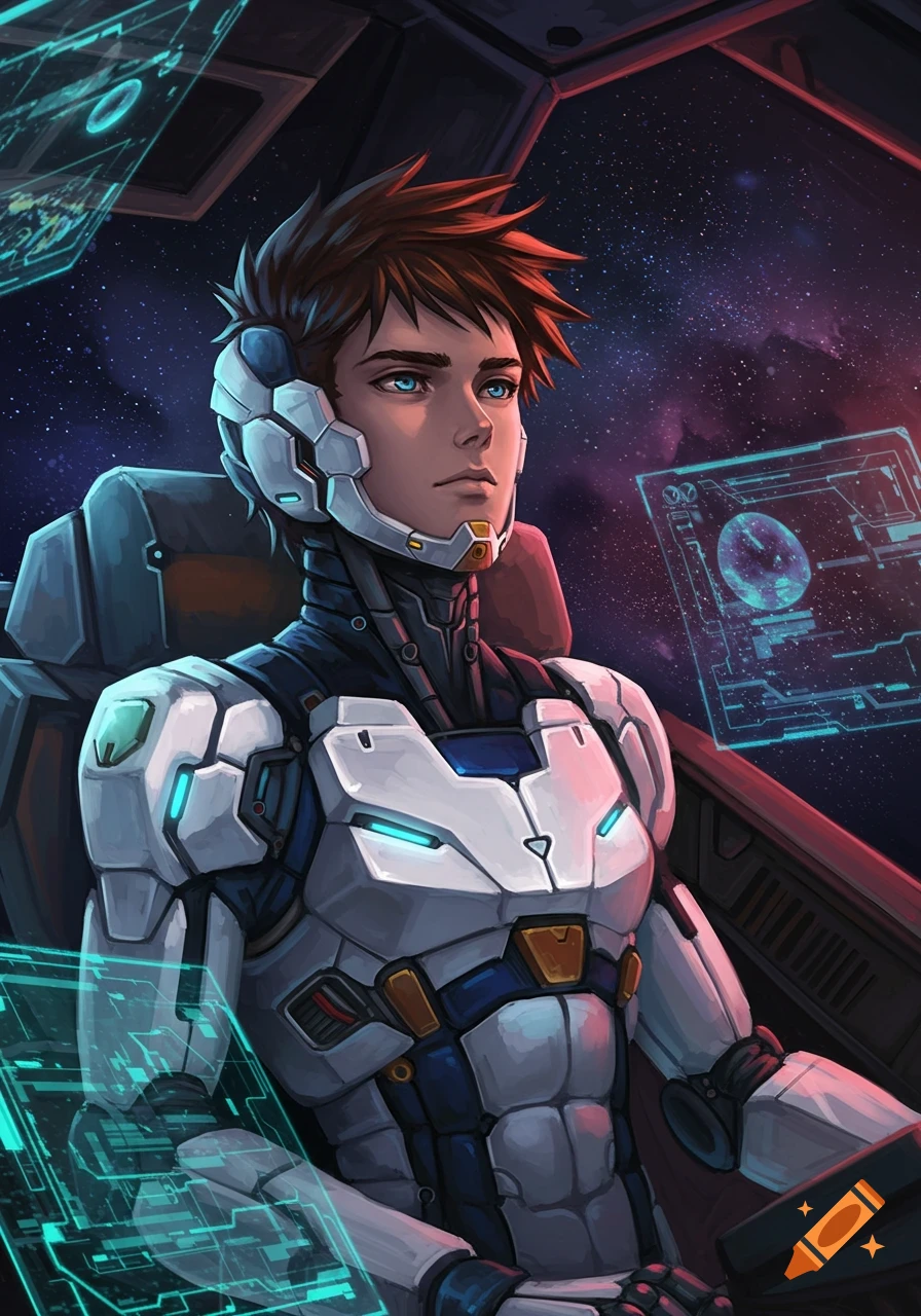 Anime-style young male pilot in a white futuristic suit in a spaceship cockpit with holographic displays, looking at starry space.