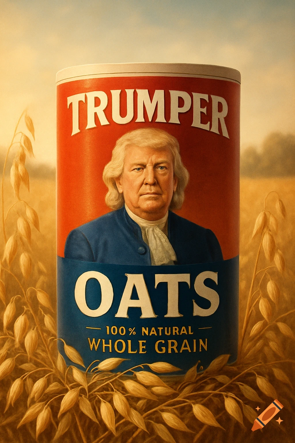 A can of "TRUMPER OATS" with Donald Trump in colonial attire on the label, surrounded by a golden wheat field.