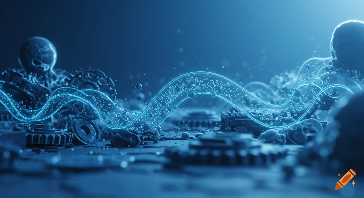 Abstract blue image with glowing wavy lines and bubbles amidst industrial or organic elements, symbolizing technology or science.