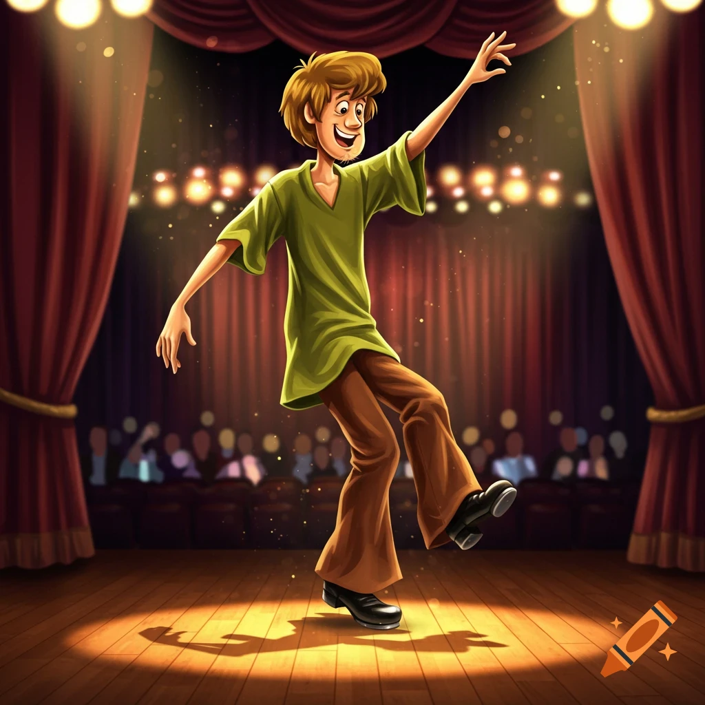 Shaggy from Scooby-Doo tap dancing joyfully on a brightly lit wooden stage with red curtains and an audience.