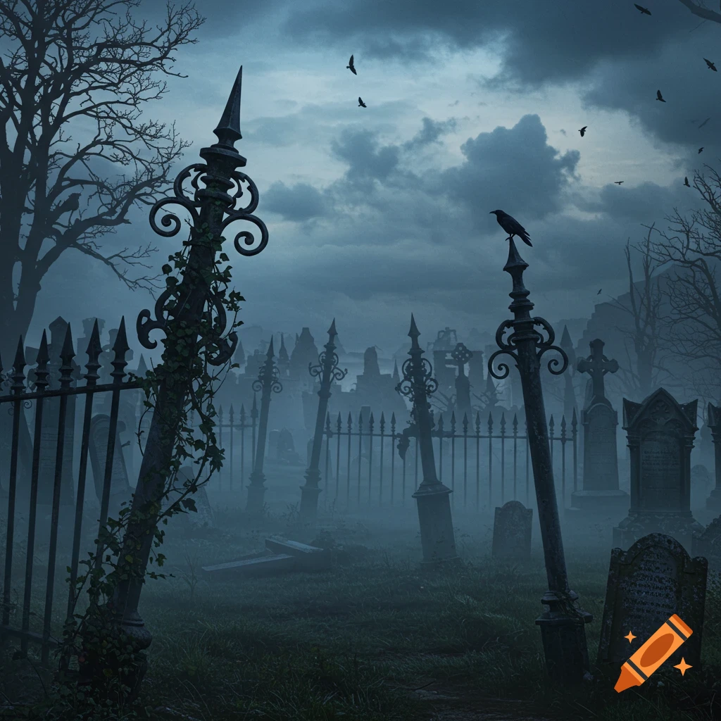 A dark, foggy graveyard with ornate, leaning iron fence posts, tombstones, bare trees, and crows under a cloudy sky.