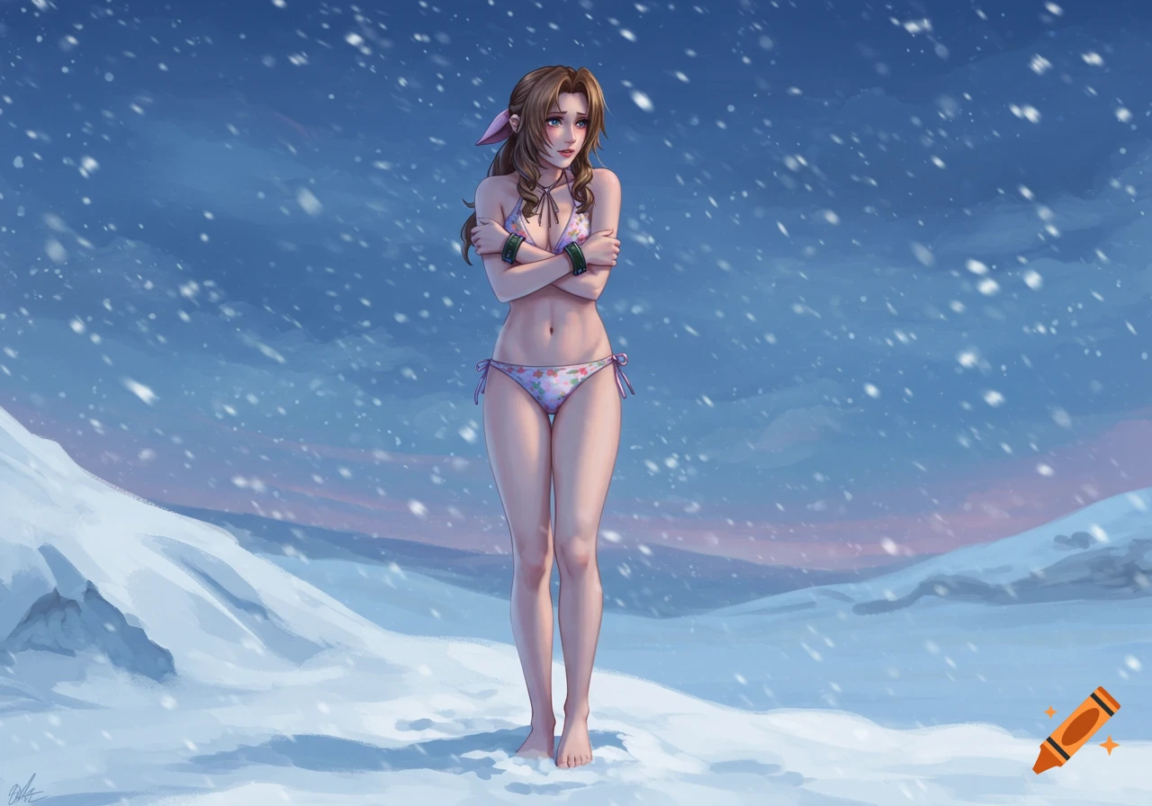 Aerith Gainsborough in a bikini, hugging herself and looking cold in a snowy landscape, digital illustration.