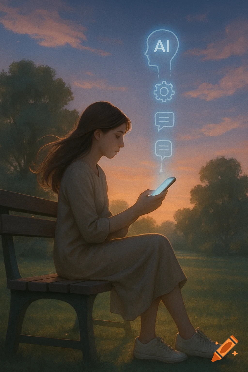 A young woman sits on a park bench, looking at her glowing phone with AI icons floating upward at sunset.