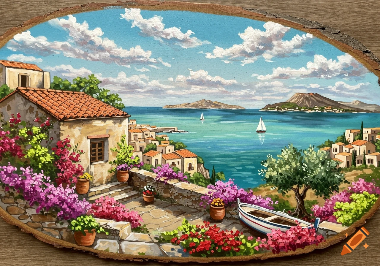 Colorful painting on an oval wood slab showing a vibrant Mediterranean coastal village with houses, flowers, boats, and sea.