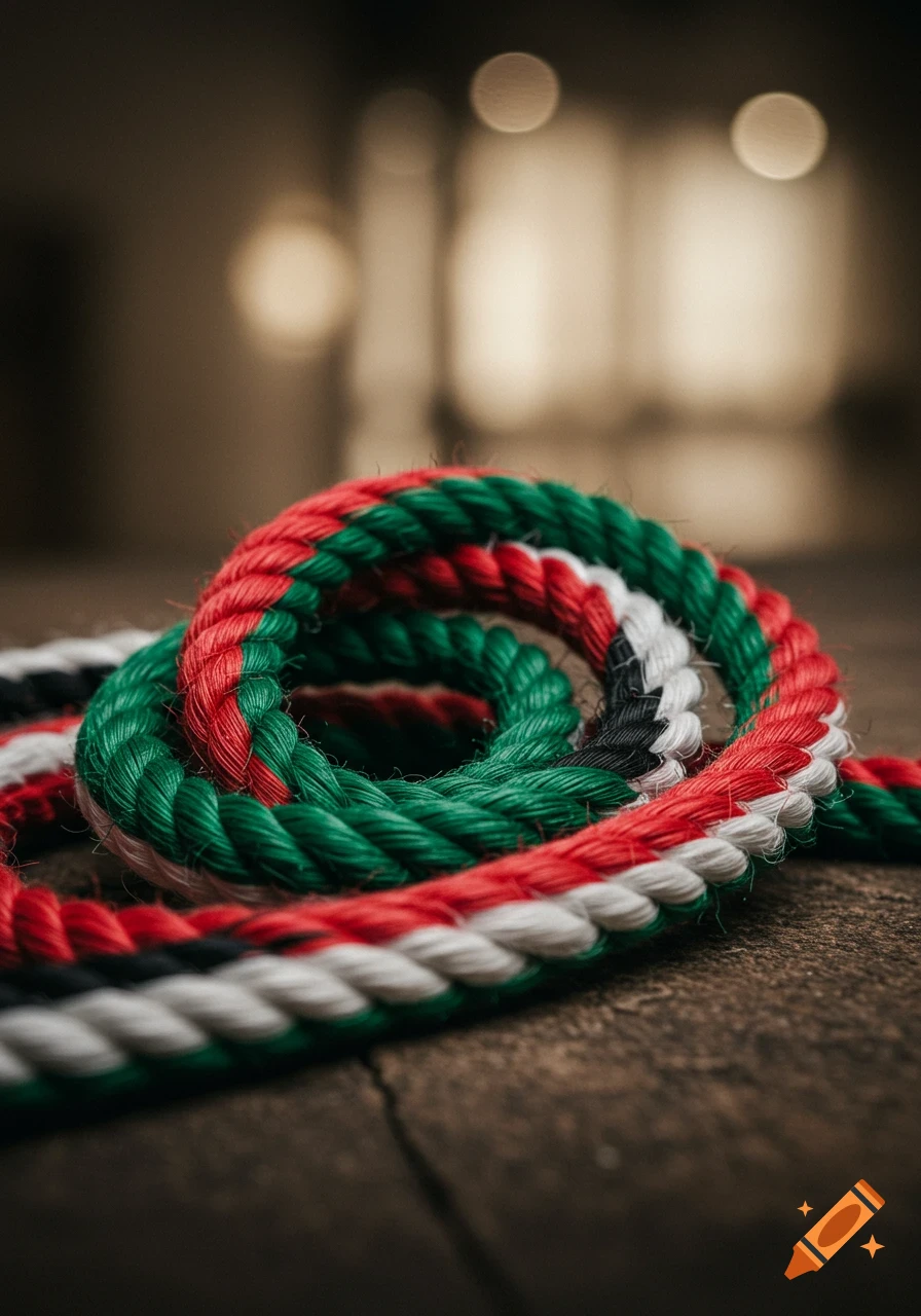 Close-up of a coiled rope in red, green, black, and white on a wooden surface with a blurry background, photorealistic style.