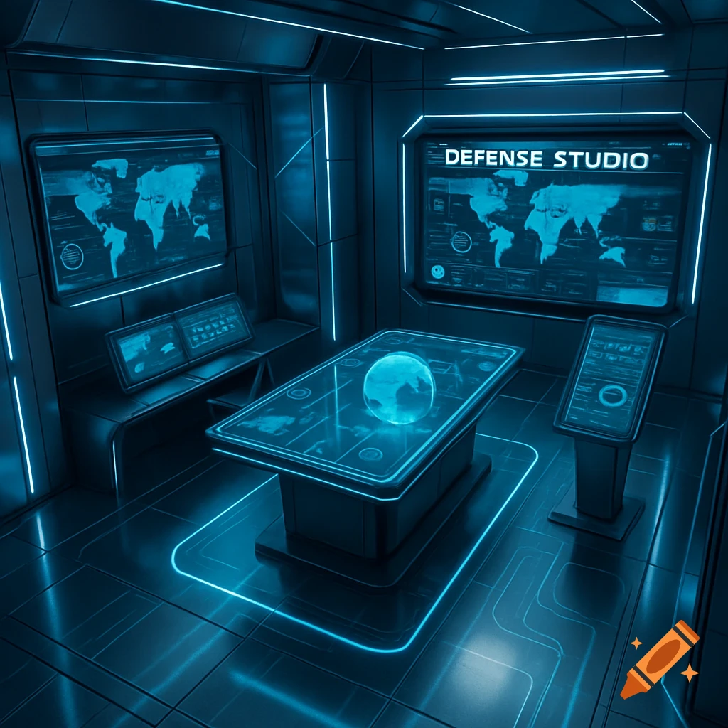 A futuristic control room with glowing blue screens showing world maps, a holographic globe on a central table, and neon lighting.