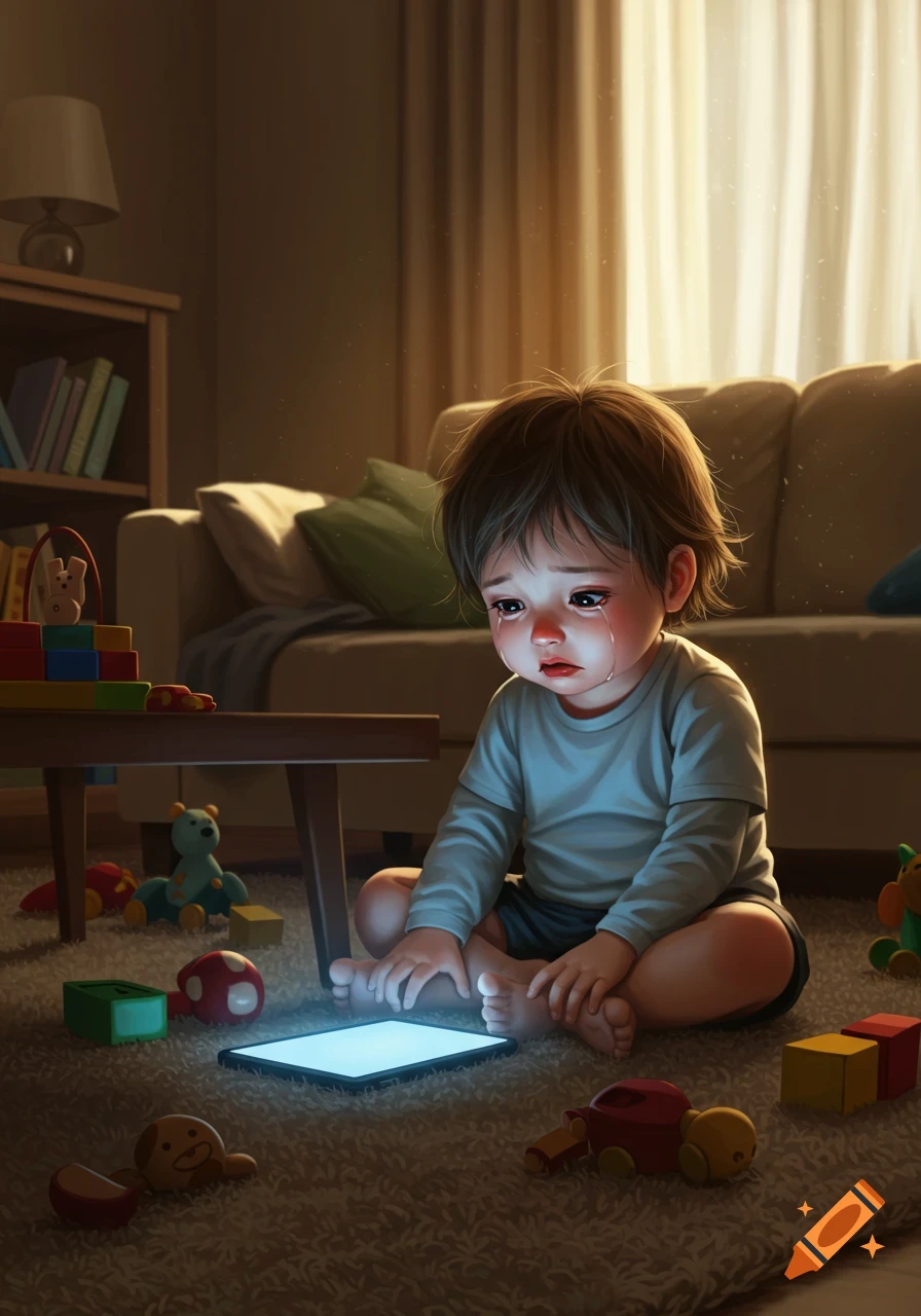 Crying child sits on a rug looking at a glowing tablet in a dimly lit room, surrounded by toys. Digital art.