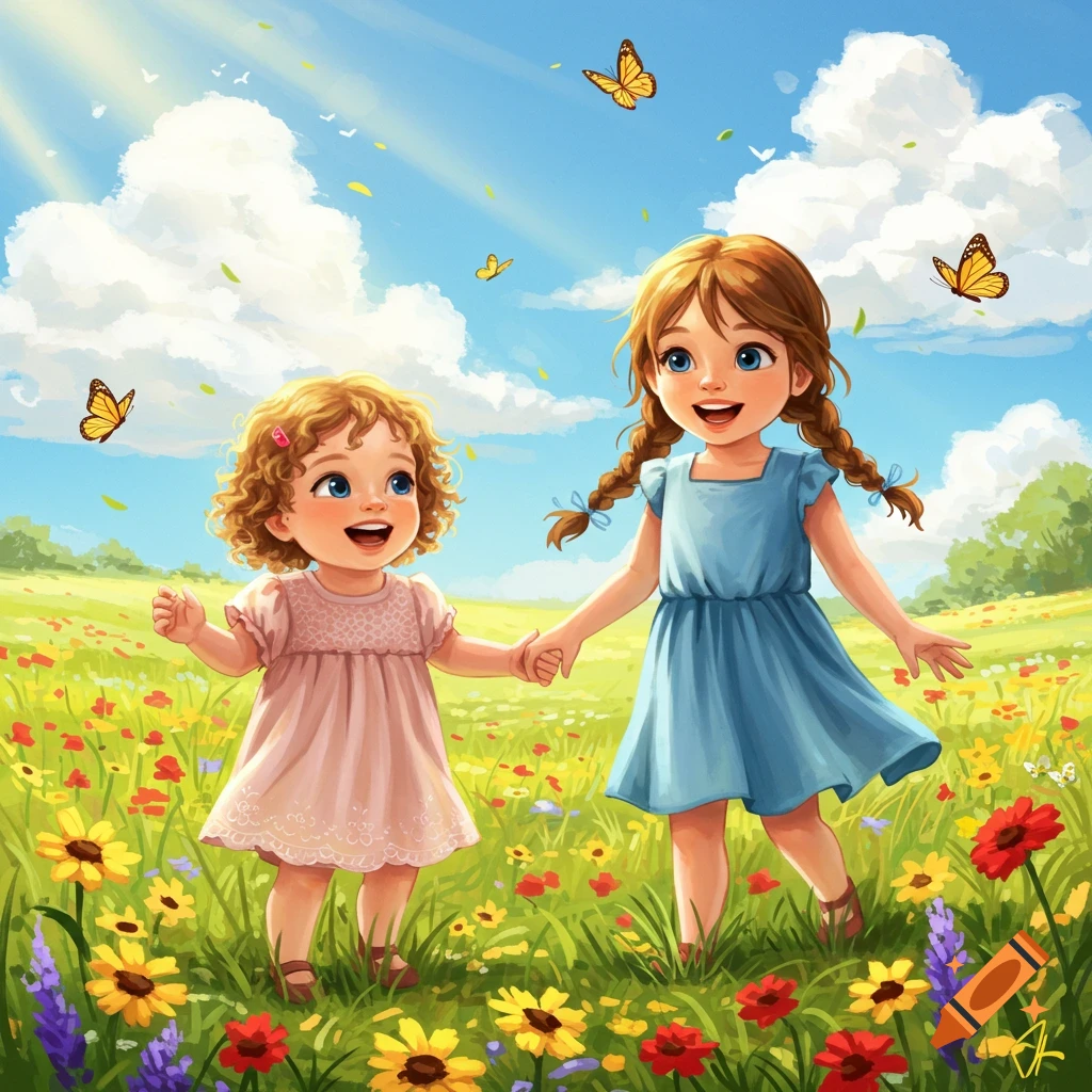 Two happy young girls hold hands in a bright, colorful meadow filled with flowers and butterflies under a sunny blue sky.