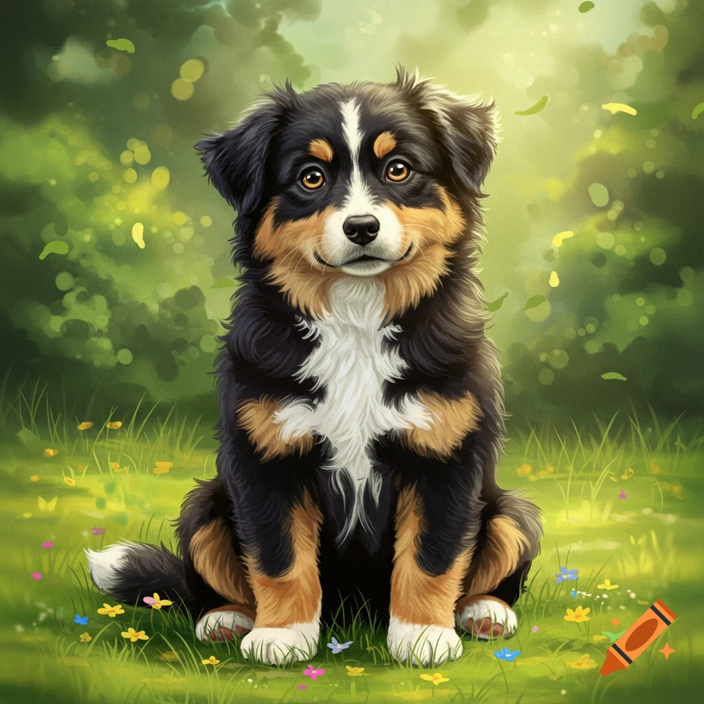A cute black, white, and tan Australian Shepherd puppy sits in a lush green field with colorful wildflowers and falling leaves.