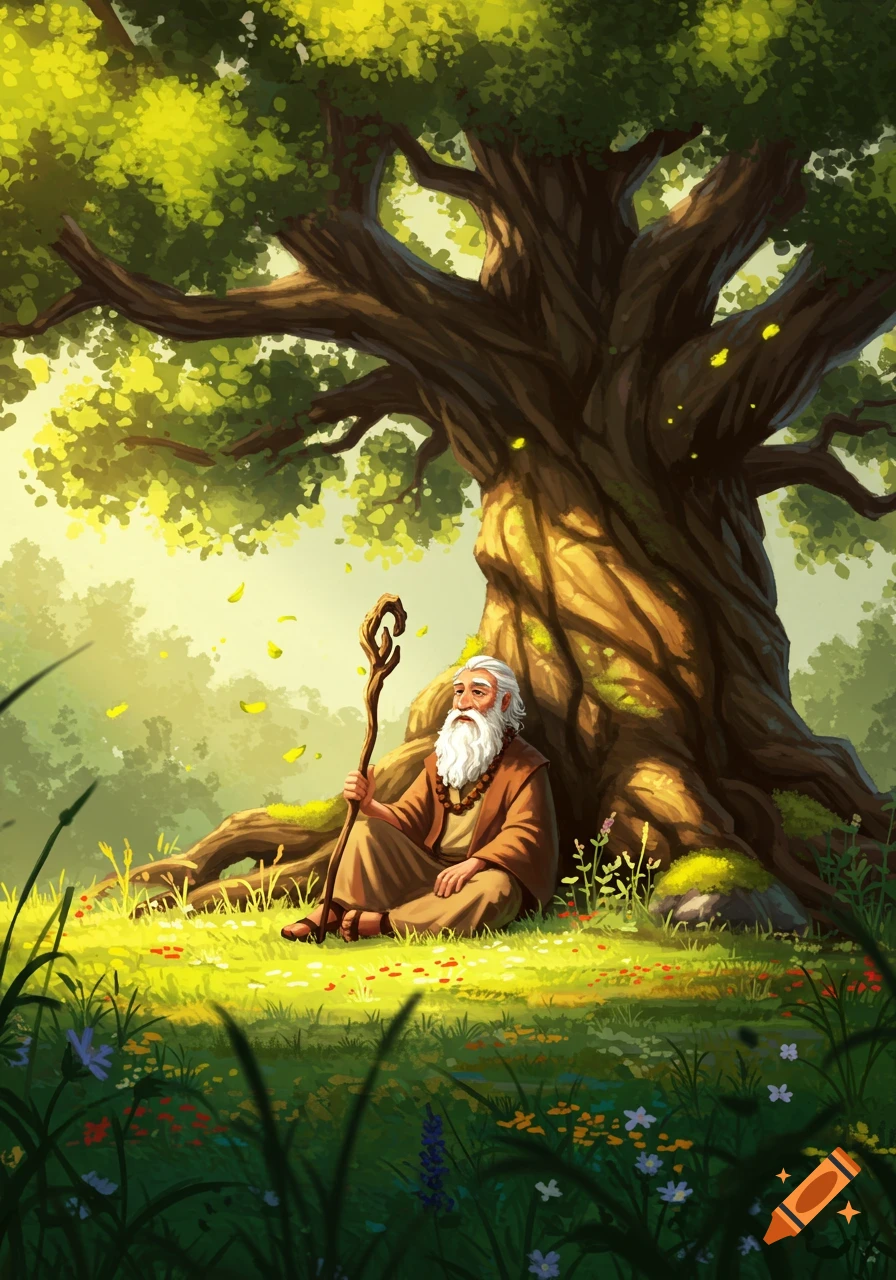 An old man with a long white beard sits under a large, gnarled tree, holding a staff, in a vibrant green forest illustration.
