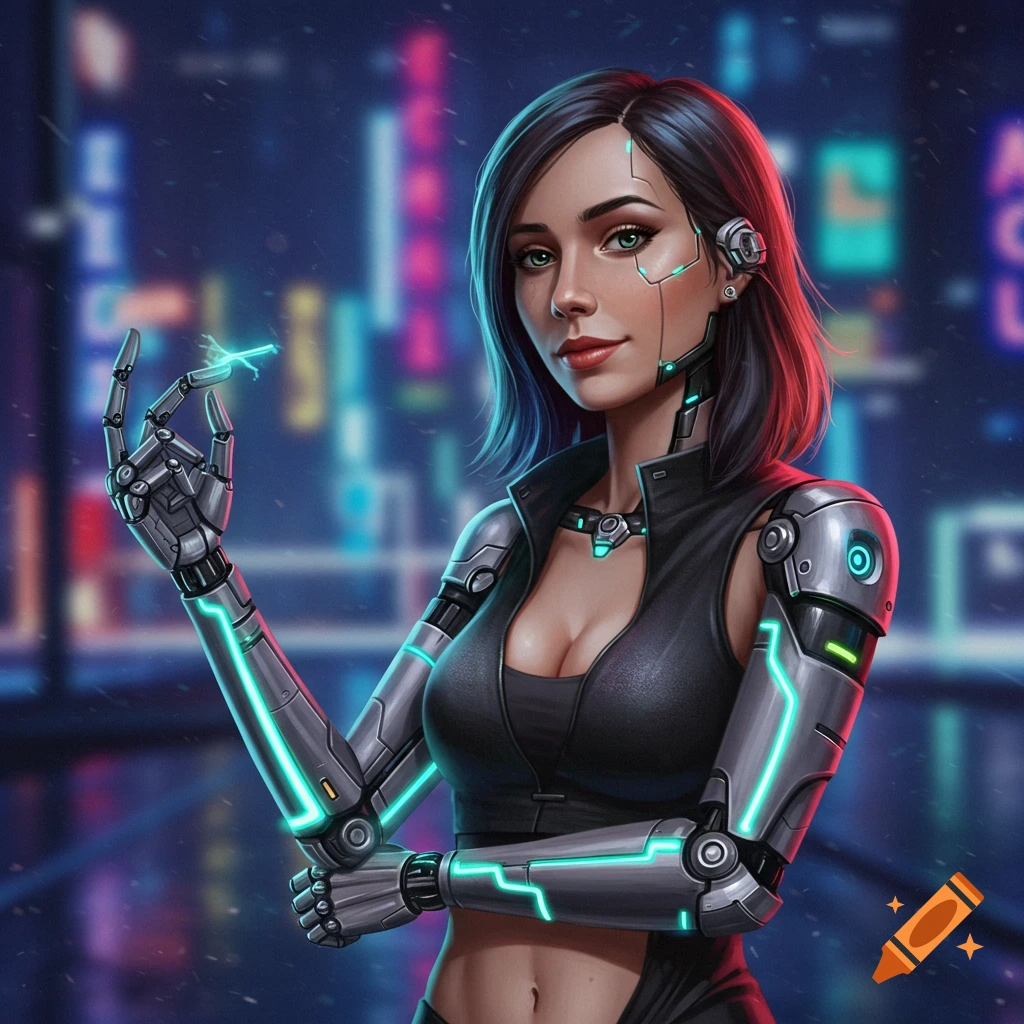 A stylish bionic woman with glowing cybernetic arms and facial implants smiles against a blurred neon cyberpunk city background.