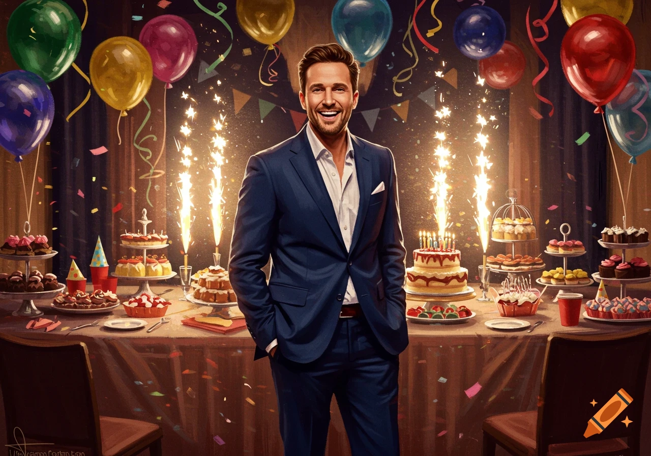 A smiling man in a suit stands at a festive birthday party table with cakes, desserts, colorful balloons, and sparklers.