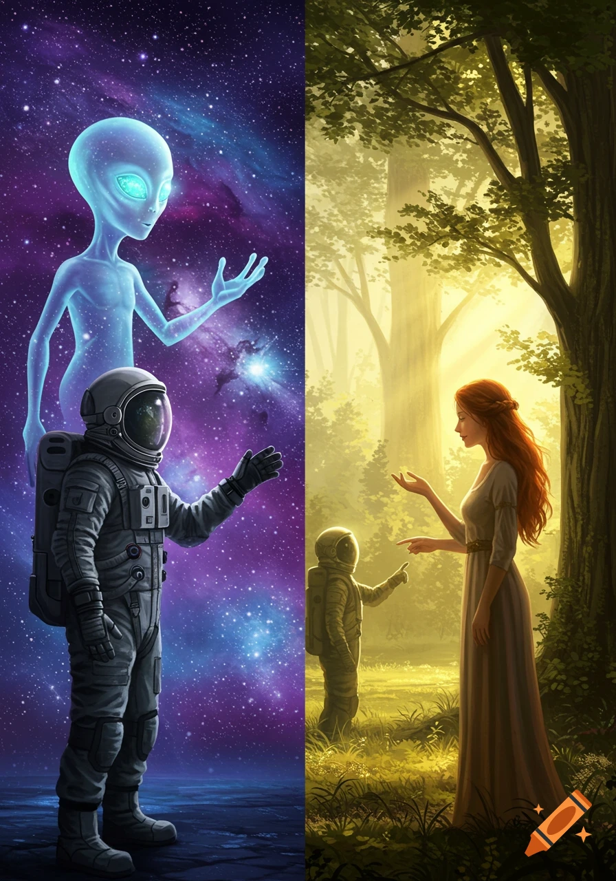 An astronaut and alien in space on one side, facing a woman and a small astronaut in a sunlit forest on the other.
