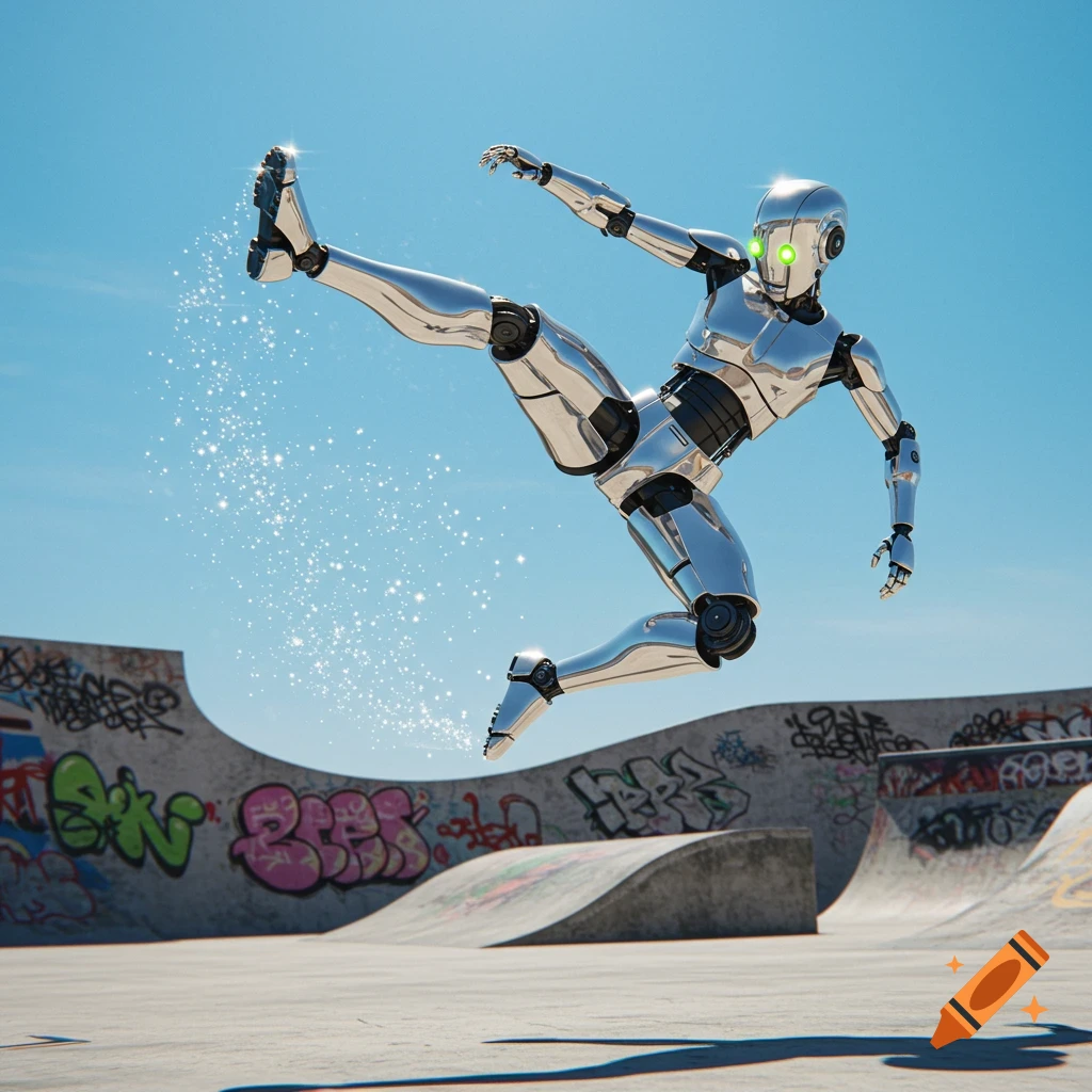A shiny silver robot with glowing green eyes performs a high kick in a sunlit skate park, creating sparkling dust.