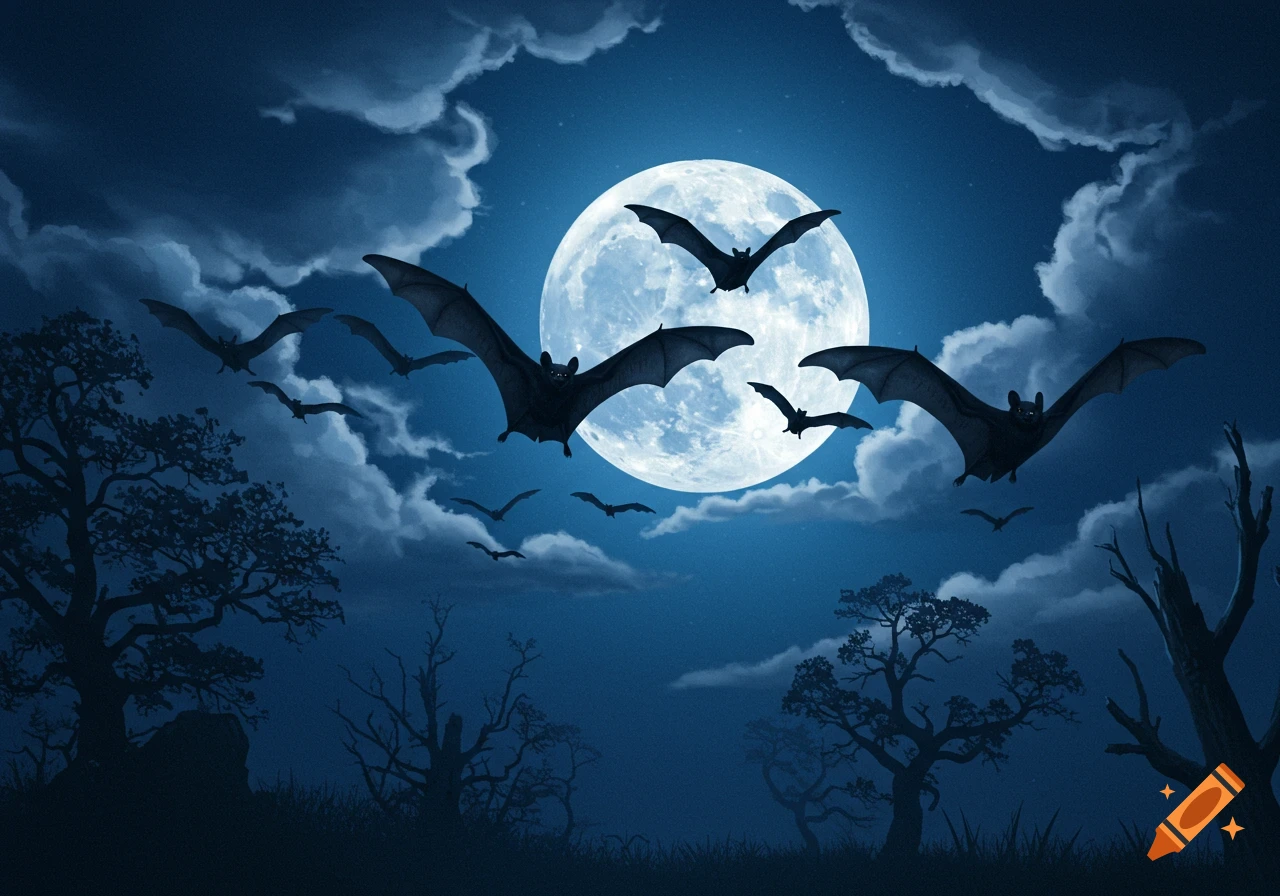 Silhouetted bats fly across a glowing full moon and cloudy night sky above dark trees, in an illustrated style.