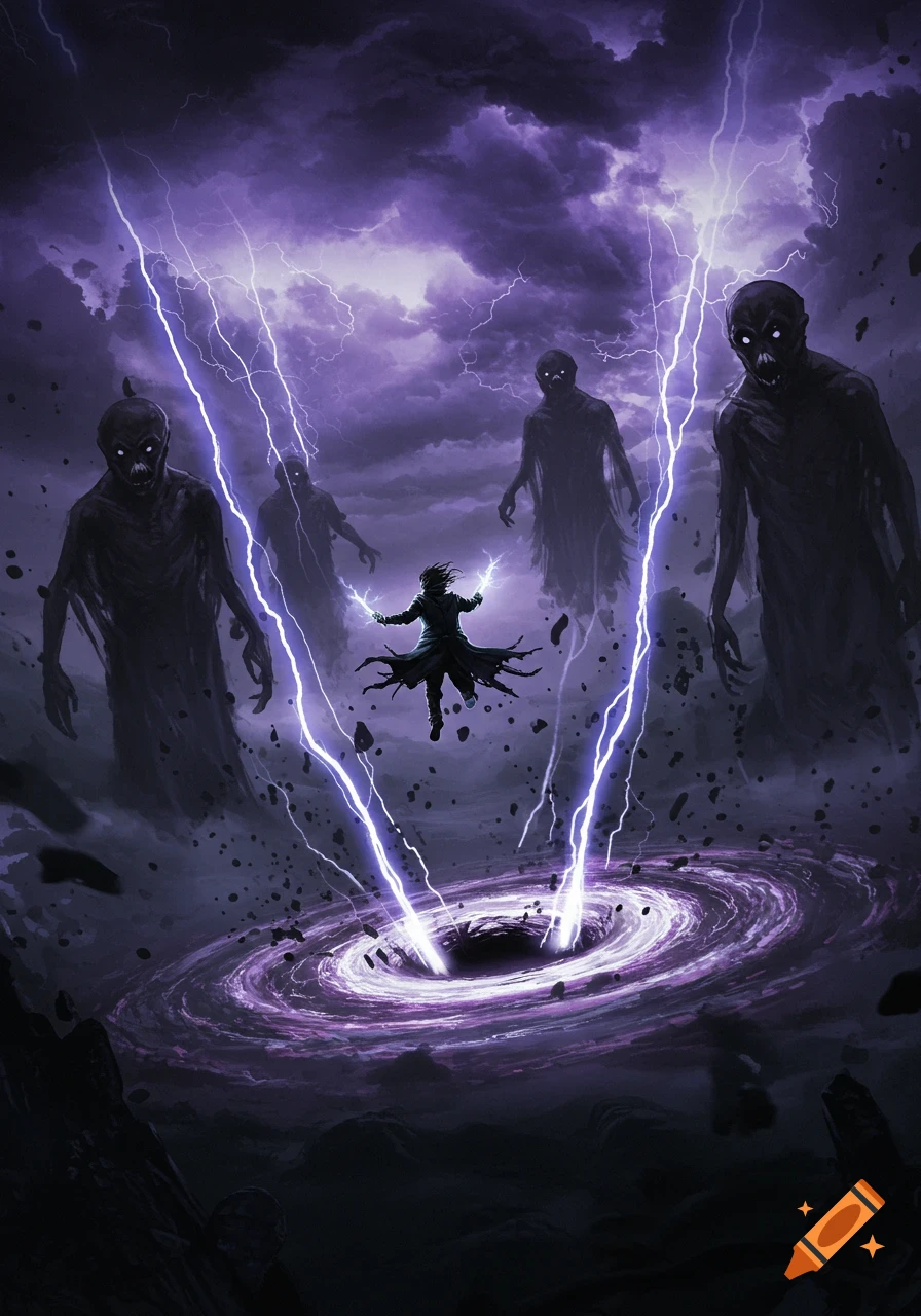 A person levitates amidst a storm of purple lightning and dark clouds, surrounded by shadowy figures above a glowing black hole.