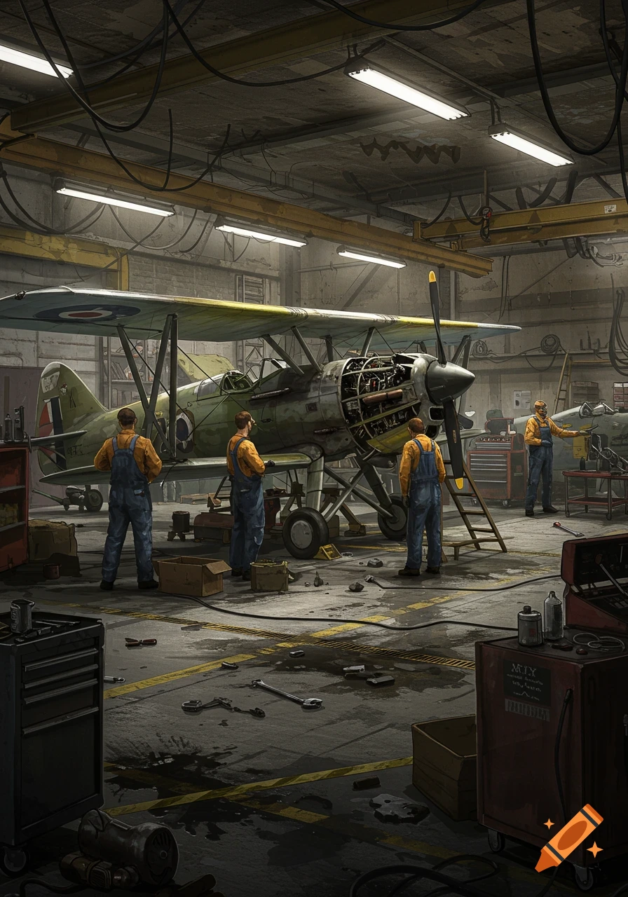 Mechanics in a messy, dimly lit vintage aircraft workshop, repairing a biplane with its engine exposed. Tools and parts are scattered on the oil-stained floor.