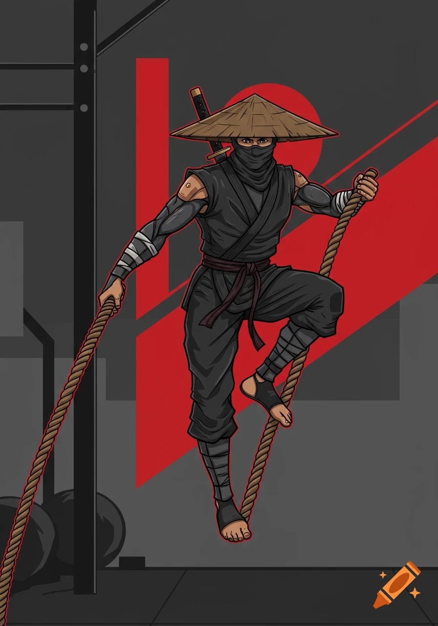 A vector illustration of a ninja in a straw hat and black garb climbing two ropes against a gray and red background.
