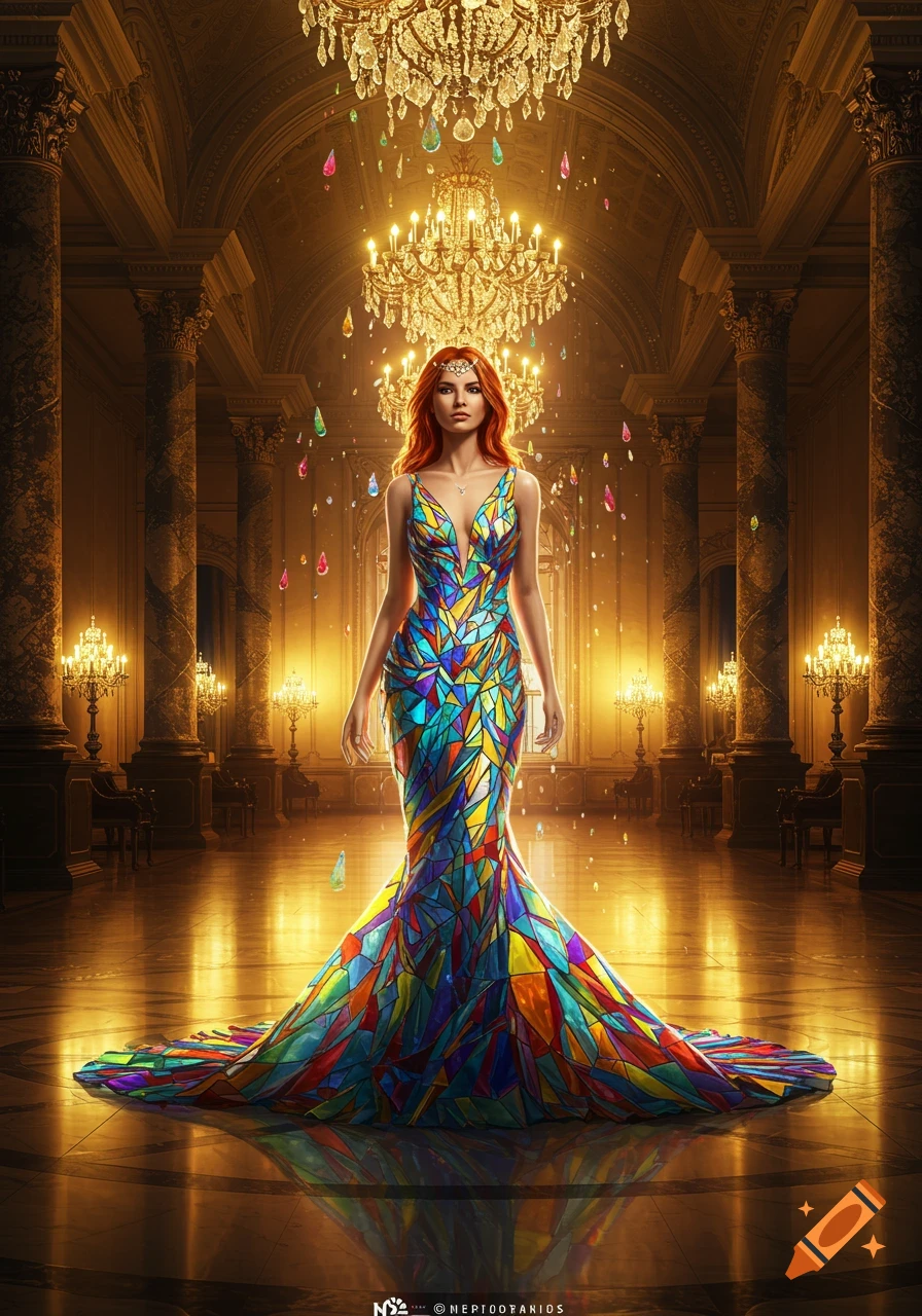 A woman in a vibrant, stained-glass mosaic gown stands in a grand hall under sparkling chandeliers.