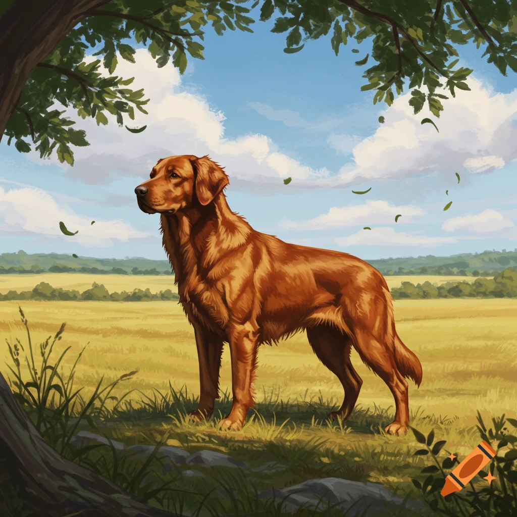 A reddish-brown dog stands in a sunny grassy field under a tree. Blue sky with white clouds. Digital painting.