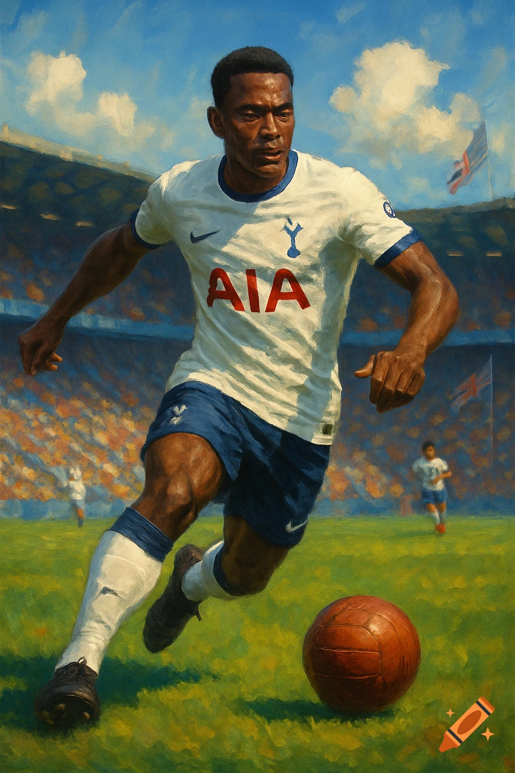 Painterly image of a male soccer player in a white Tottenham jersey and blue shorts dribbling a football on a green field in a stadium.