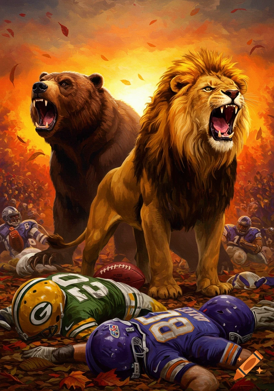 A roaring brown bear and a golden lion stand over fallen football players on a field with autumn leaves, in a vibrant fantasy art style.