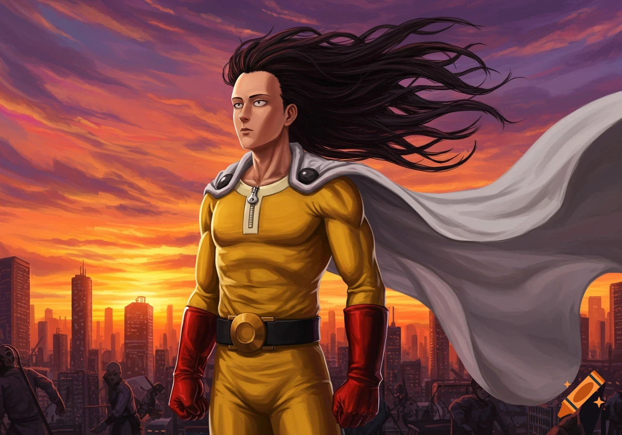 Saitama with long black hair and a white cape stands in a yellow suit against a sunset cityscape.