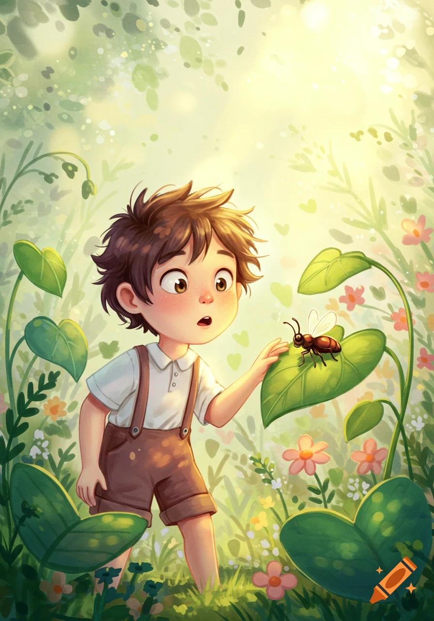 A young boy with brown hair in a garden, looking curiously at a winged insect on a green leaf, in a soft children's illustration style.