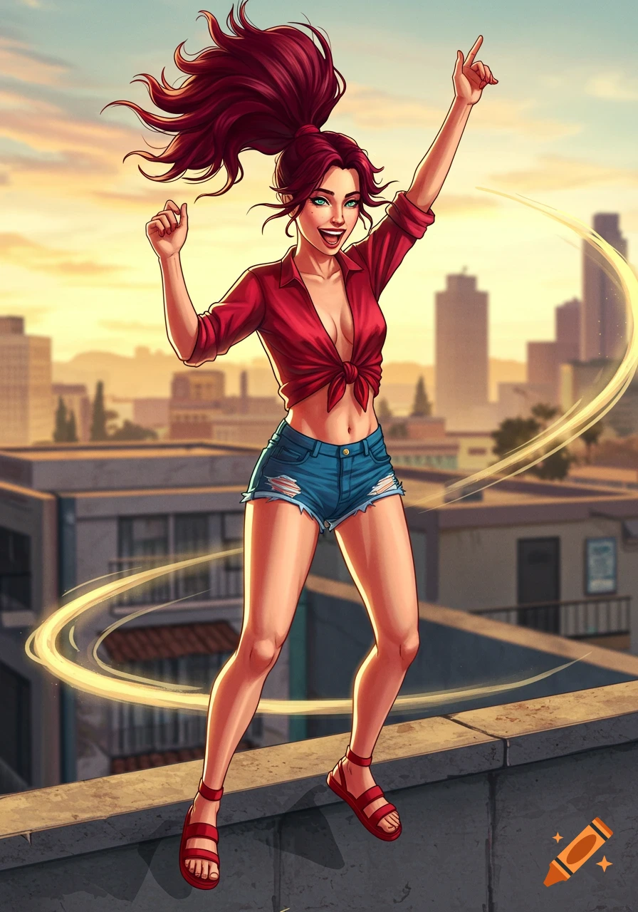 GTA V style digital illustration of a happy woman with maroon hair in a red crop top and jean shorts dancing on a city rooftop.