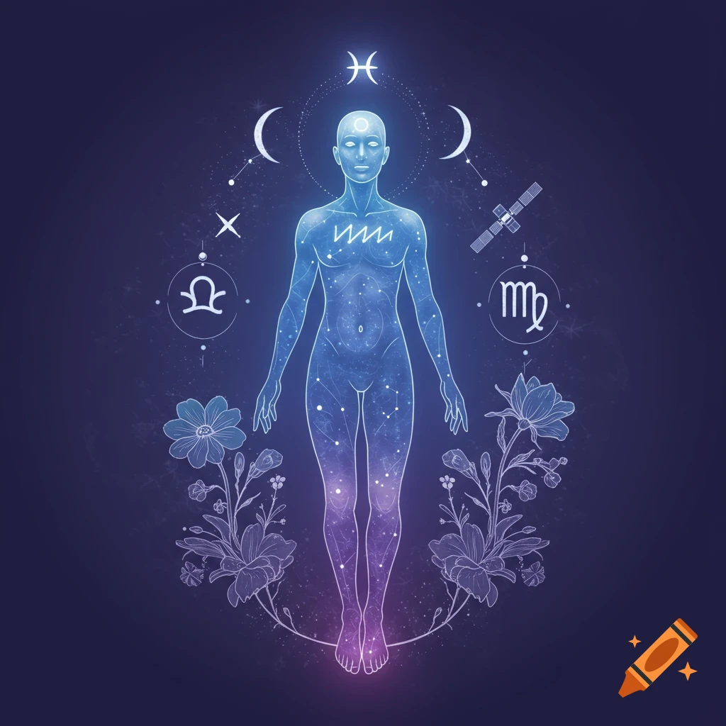 A glowing ethereal human figure in blue and purple, surrounded by zodiac symbols, moons, stars, a satellite, and flowers on a dark background.