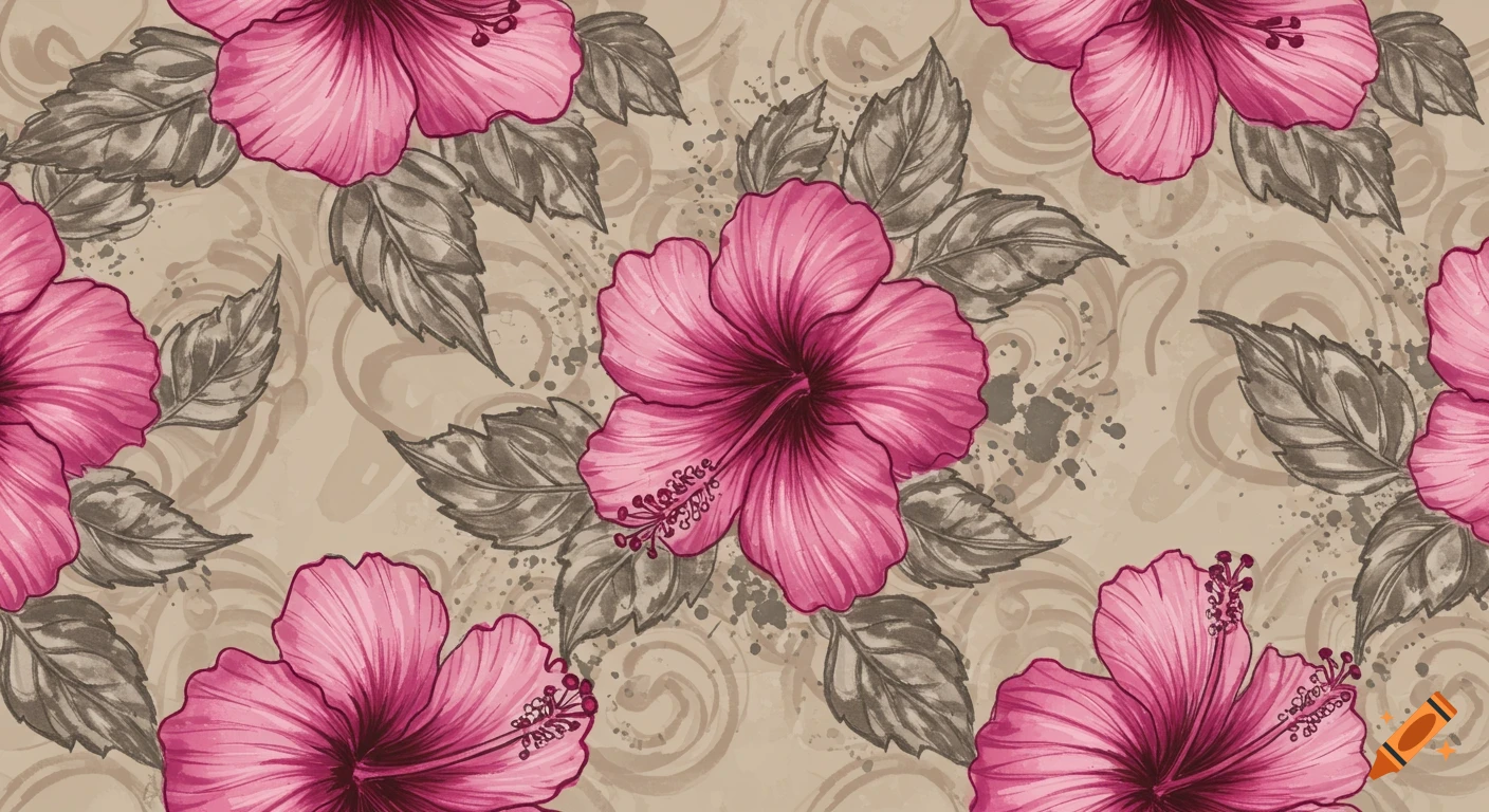 A seamless pattern of pink hibiscus flowers and gray-brown leaves on a light brown background with subtle swirls and paint splatters.