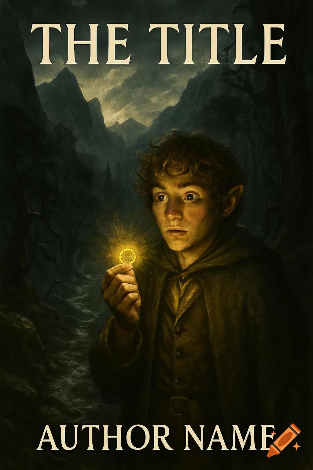 A realistic fantasy book cover shows a hobbit-like character holding a glowing golden ring on a dark mountain path, with "THE TITLE" and "AUTHOR NAME" text.