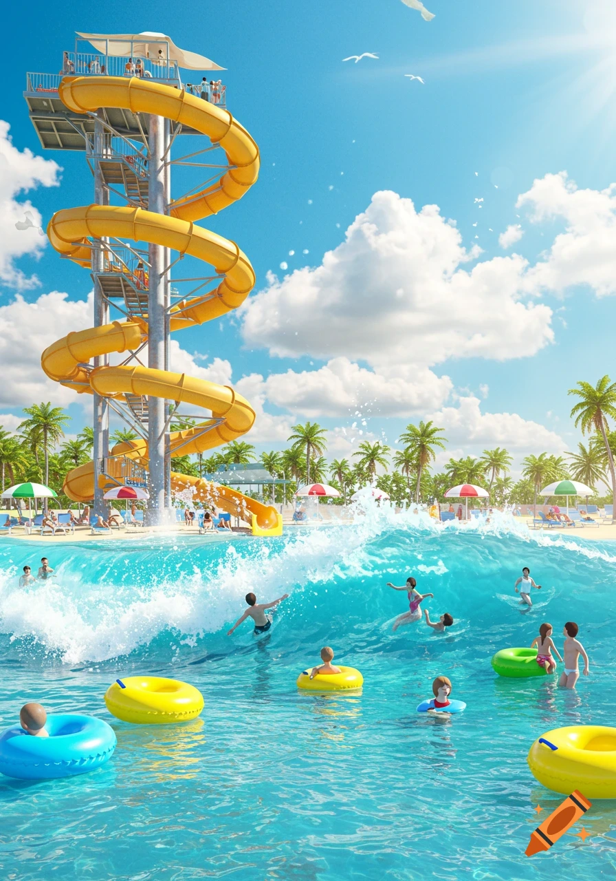 A vibrant water park scene with a tall yellow spiral water slide, a wave pool, and people swimming under a sunny sky.