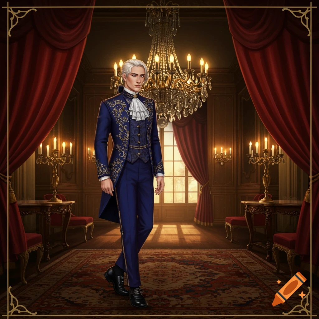 A white-haired man in a royal blue, gold-embroidered aristocratic suit with a white ruffled cravat stands in an ornate, dimly lit grand room.