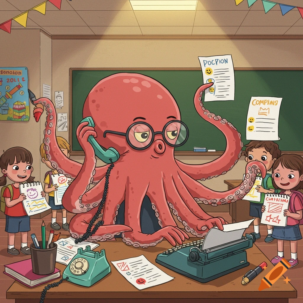 A cartoon octopus wearing glasses is busy at a desk with a typewriter and phone in a classroom, surrounded by smiling children holding drawings.