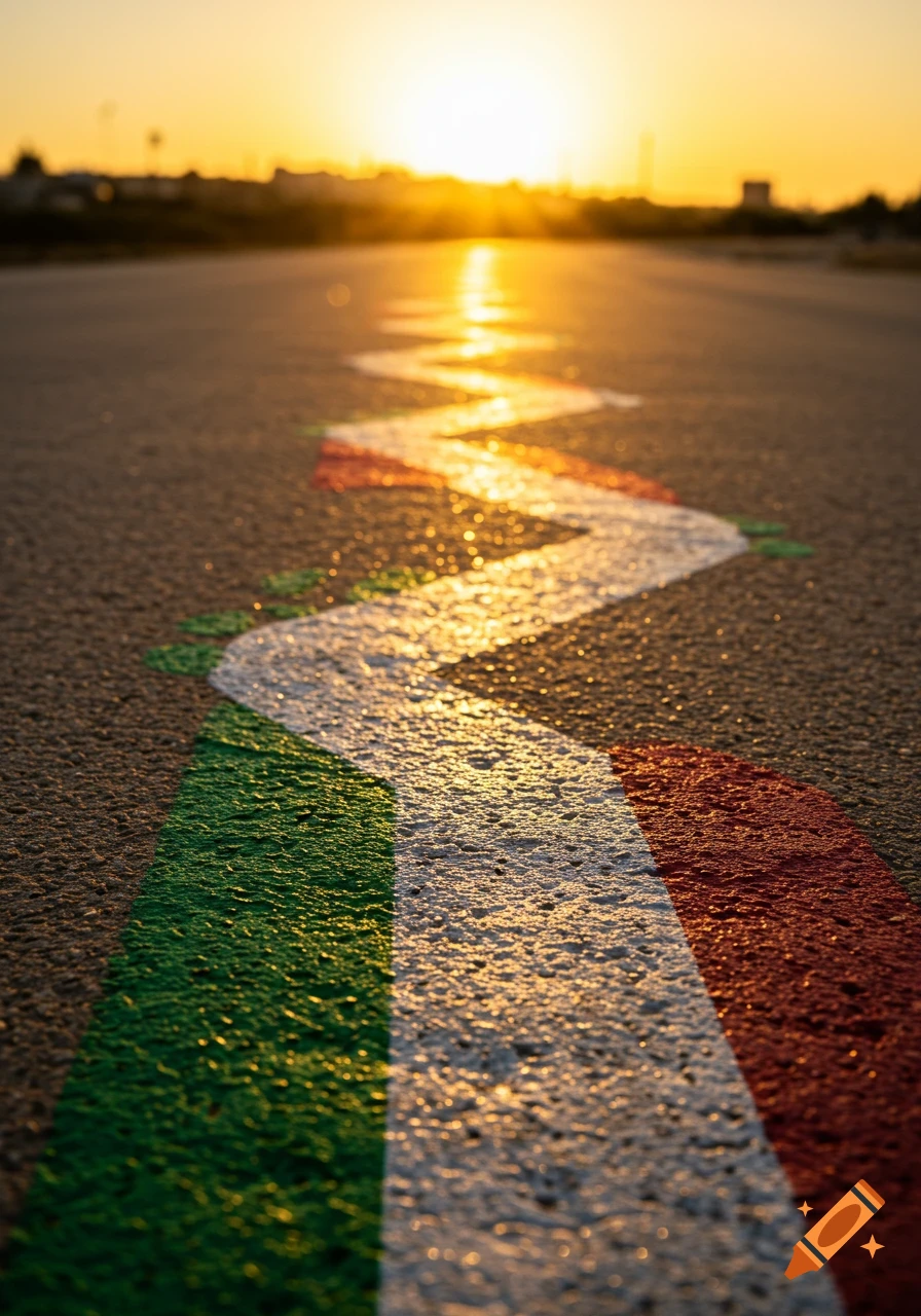 A low-angle, close-up view of a green, white, and red zig-zag line painted on asphalt, leading towards a bright golden sunset.