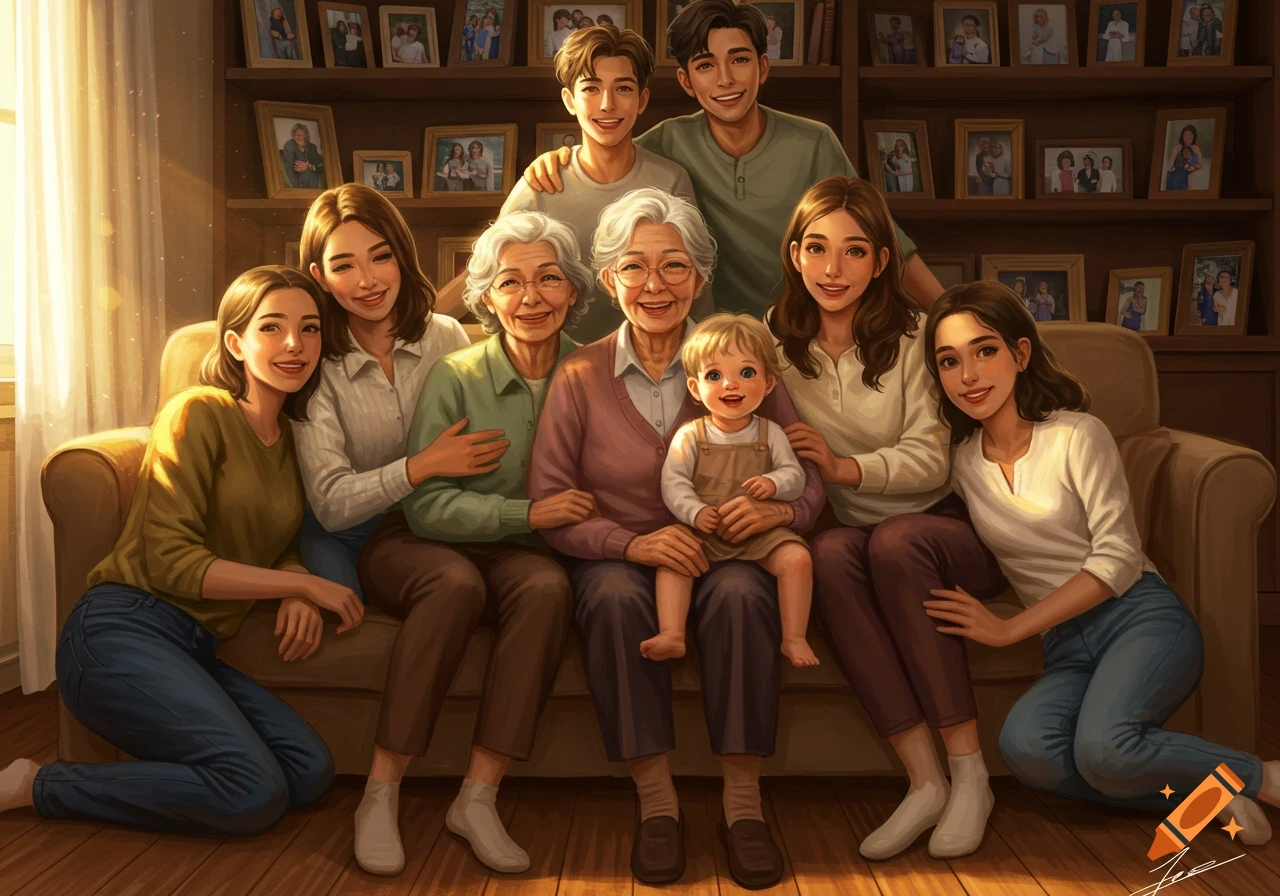 An illustrated multi-generational family portrait with a baby, children, parents, and grandparents smiling on a couch.