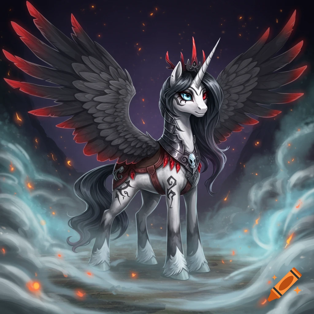 A dark alicorn in My Little Pony style with black wings, a spiked horn, and heterochromia, wearing barding, stands amidst smoke and embers.