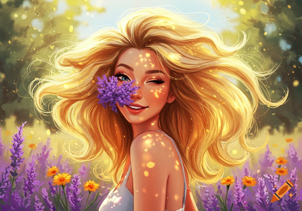 Vibrant digital art of a playful blonde woman winking, smiling, and holding lavender to her eye in a sunlit field of purple and yellow flowers.