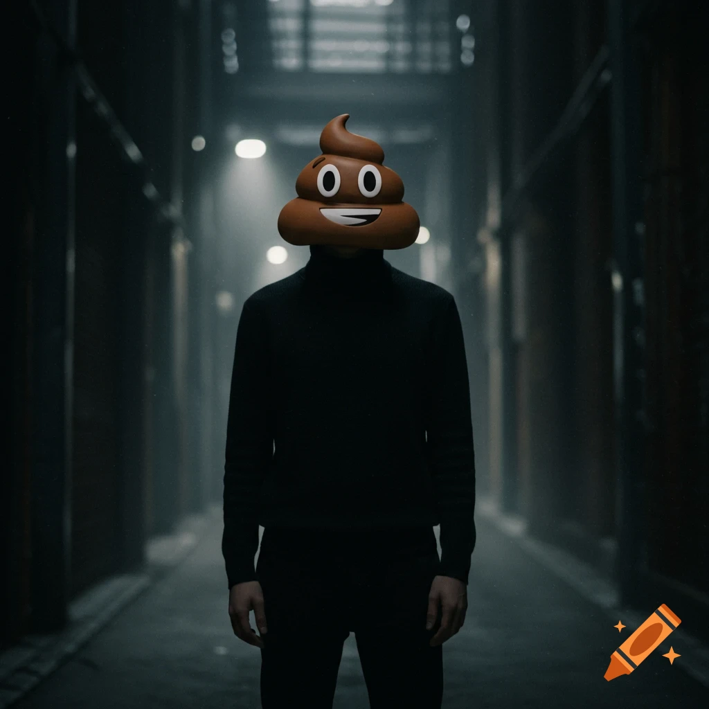 A person in a black turtleneck and pants wears a brown poop emoji mask, standing in a dark, foggy urban alley.