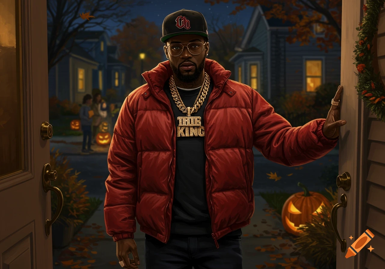 A man in a red puffer jacket, baseball cap, and gold chains stands at a doorway on Halloween night with carved pumpkins and children in the background, in a stylized illustration.