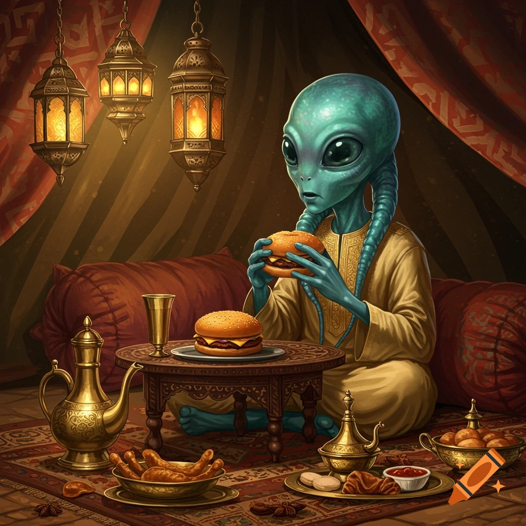 An alien in traditional Middle Eastern attire sits on a rug in a tent, eating a burger amidst Arabic lanterns and food.