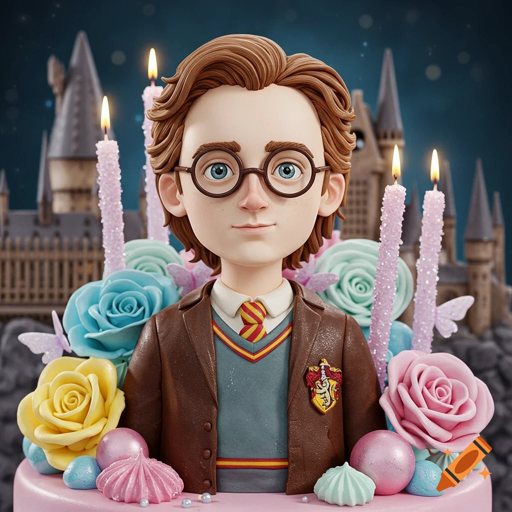 A stylized cake topper of Neville Longbottom in a Hogwarts uniform, with glasses, surrounded by candles, frosting flowers, and a castle backdrop.