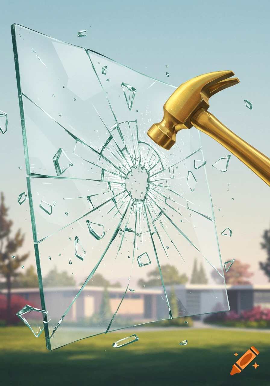 A golden hammer head smashes a pane of glass, creating a starburst of cracks and flying shards against a blurred suburban background.