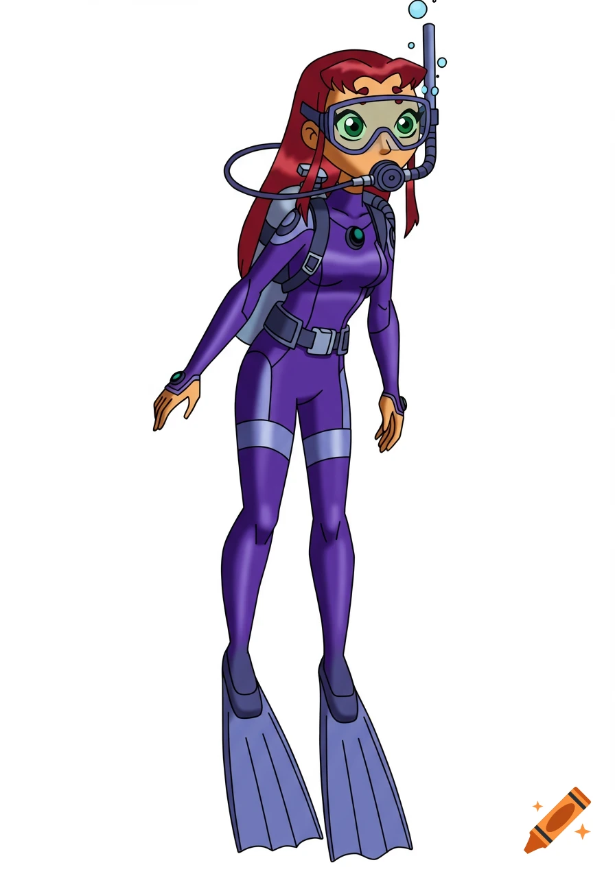 Starfire from Teen Titans in a purple and silver scuba wetsuit with full gear, standing against a white background in 2003 animated style.
