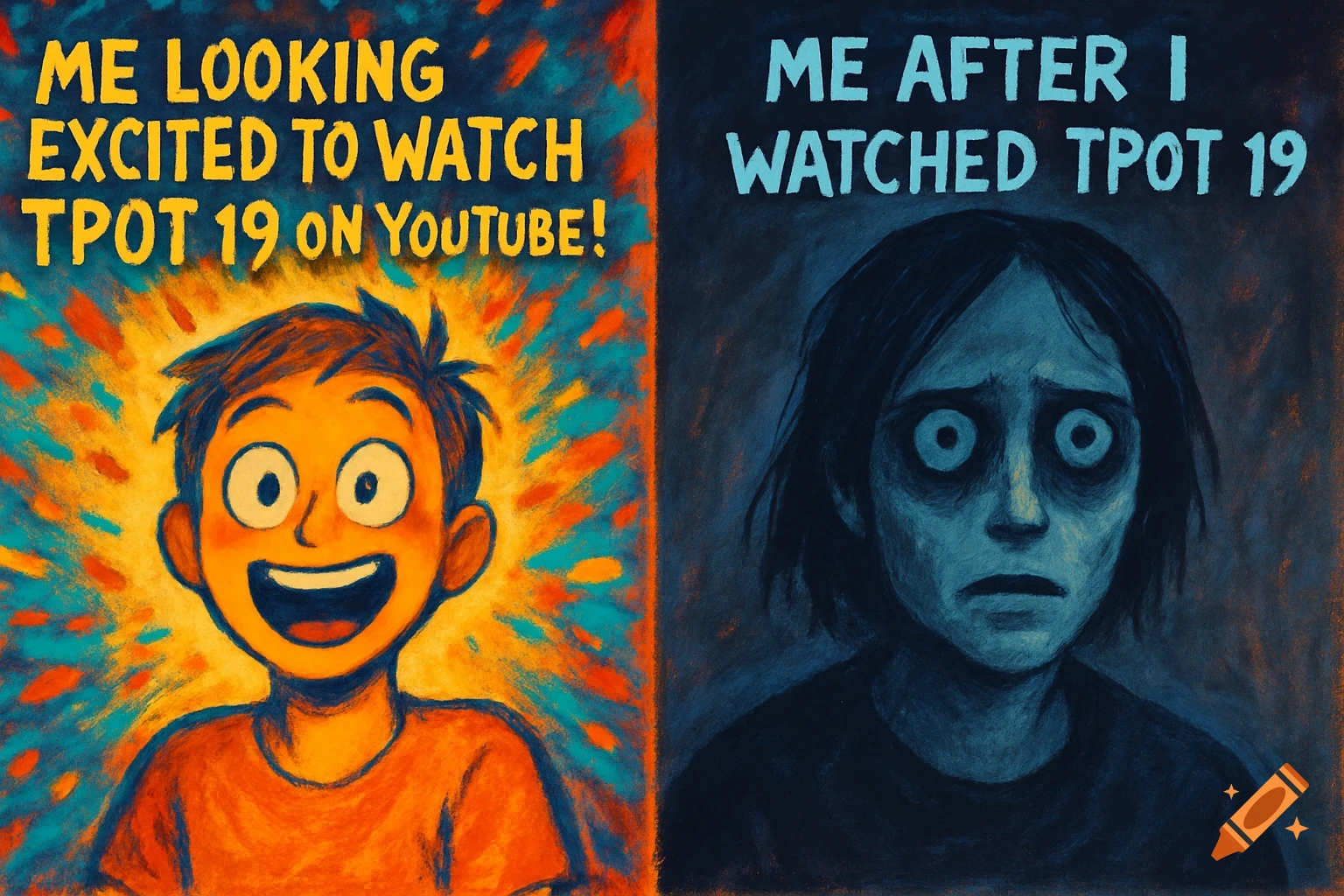 A split meme image showing a happy, excited cartoon person on the left and a sad, traumatized person on the right, with meme text above each.