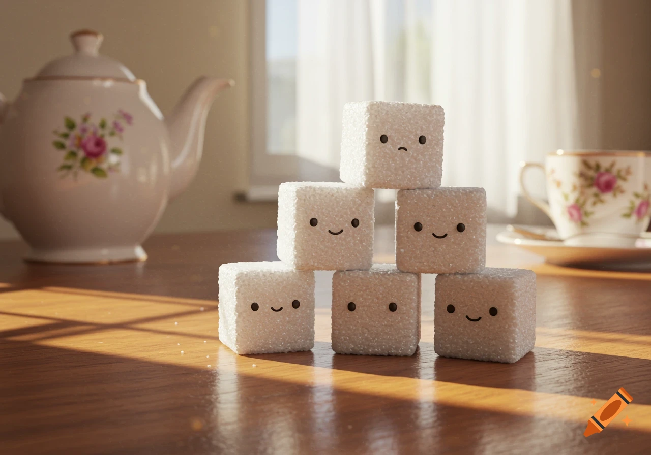 A pyramid of six anthropomorphic sugar cubes with varied facial expressions sits on a wooden table with a teapot and teacup in the background, bathed in soft sunlight.