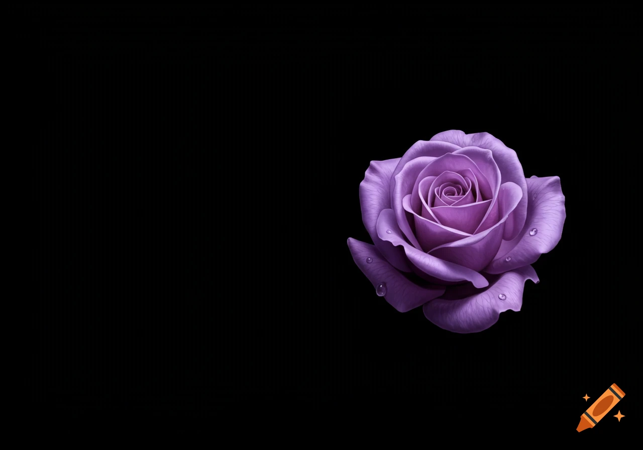 A vibrant purple rose with glistening water droplets rests against a stark black background.